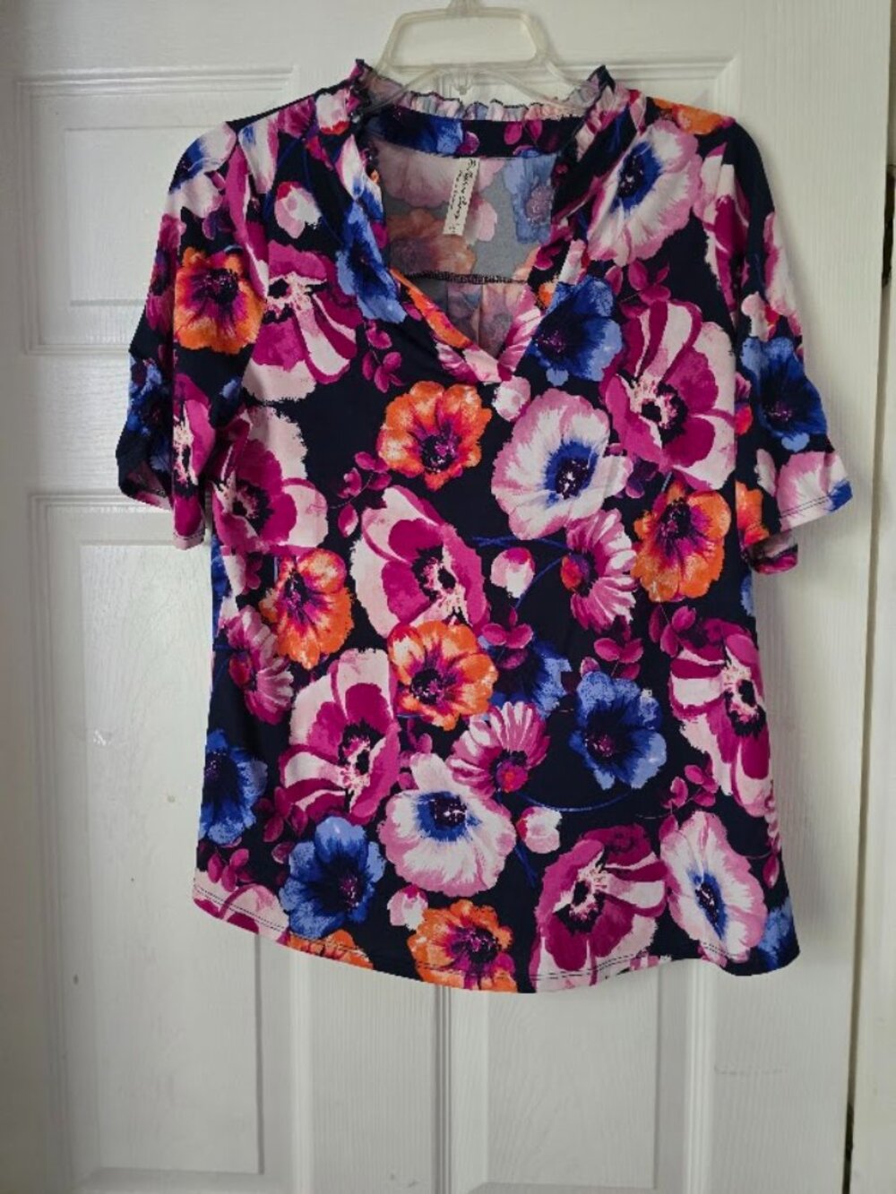 Per Seption Concept Vibrant Floral Ruffle Neck Blouse Top M